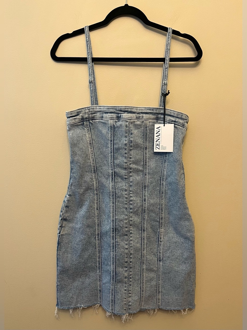 NWT Zenana Denim Frayed Hem Dress Women's Size Medium Removable Straps